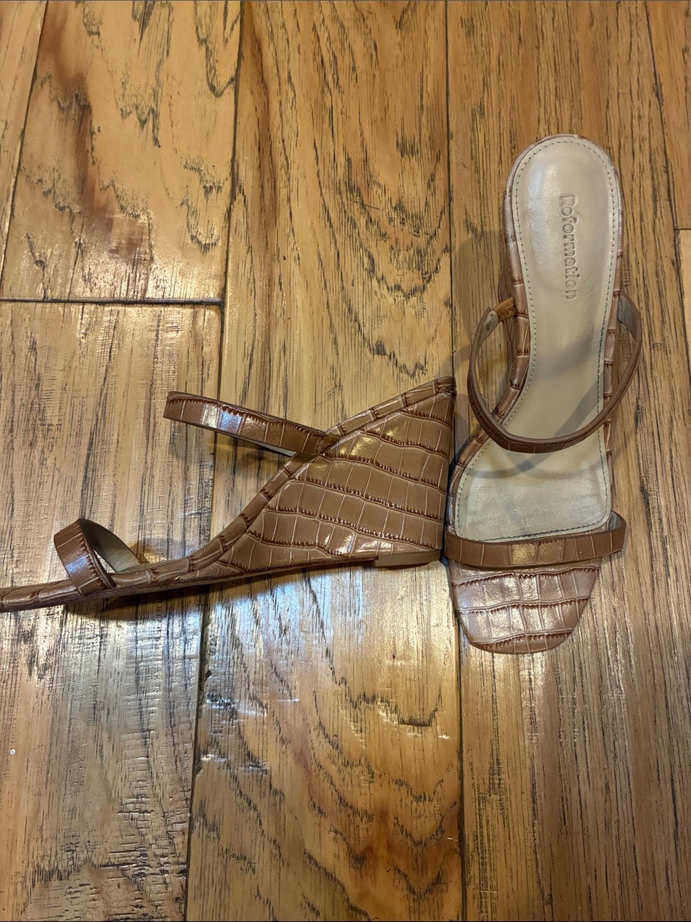 Reformation Tan Croc-Embossed Slide Wedges - 7.5